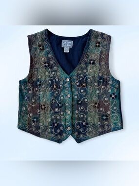 Vintage 90s TanTrums Embroidered Tapestry Cotton Vest Petite Small